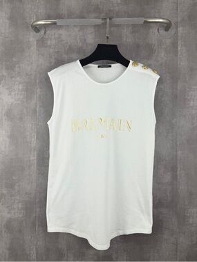 Authentic Balmain White Sleeveless Logo Tank with Gold Buttons